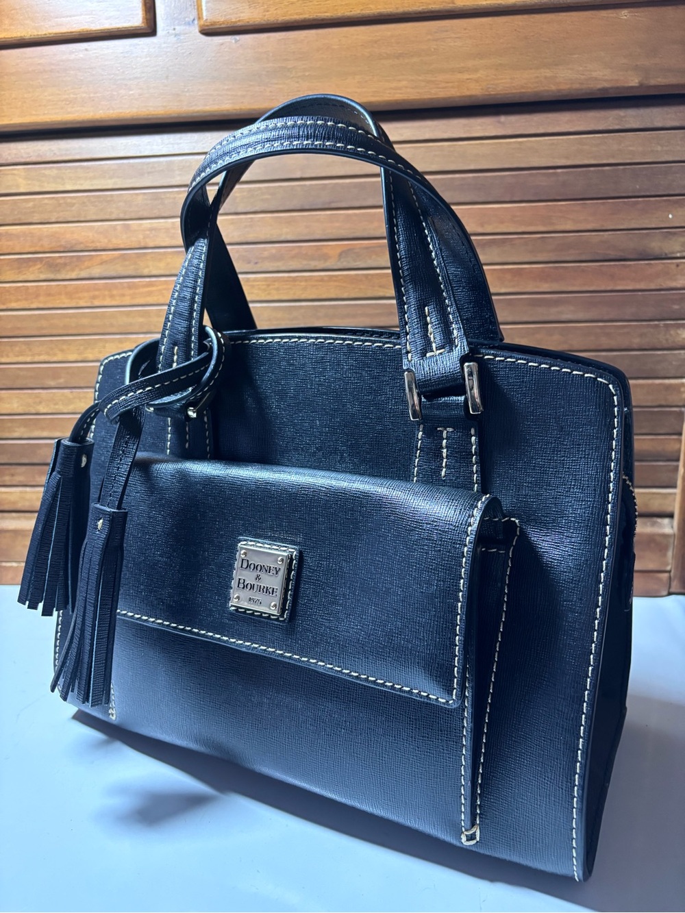 Dooney & Bourke Black Saffiano-Style Leather Satchel with Tassel